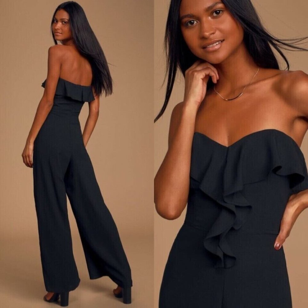 Lulus Jumpsuit Womens‎ XS Black Strapless Ruffle Wide Leg Formal Chic Cocktail